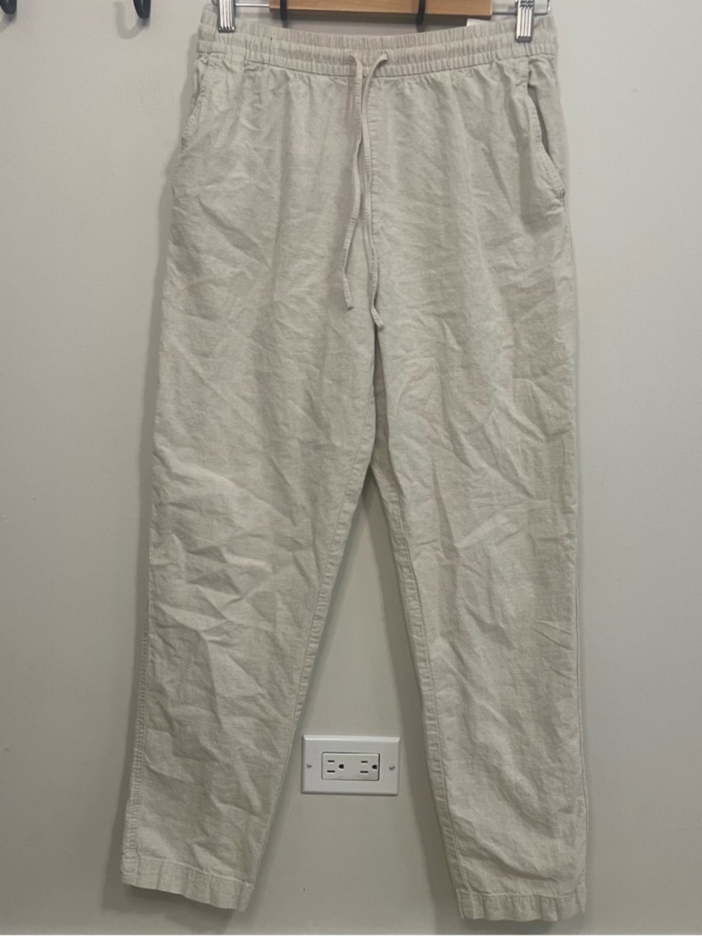 H&M Women’s Straight Leg High Waisted Drawstring Linen-Blend Pants - Cream